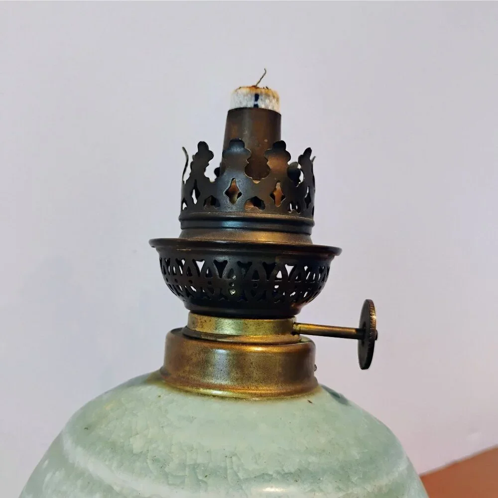 Vintage Seafoam Green Ceramic Studio Pottery Oil Lamp With Ornate Brass Coronet